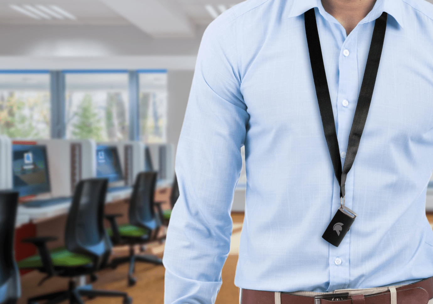 halberd-on-lanyard Employee with hands-free proximity access to computer. MFA. 2FA. Password Manager.