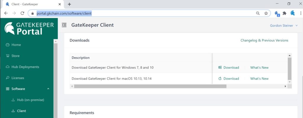 GateKeeper Client desktop application for download in the customer portal.