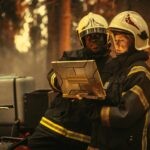 Portrait,Of,Female,And,Male,Professional,Firefighters,Standing,Next,To