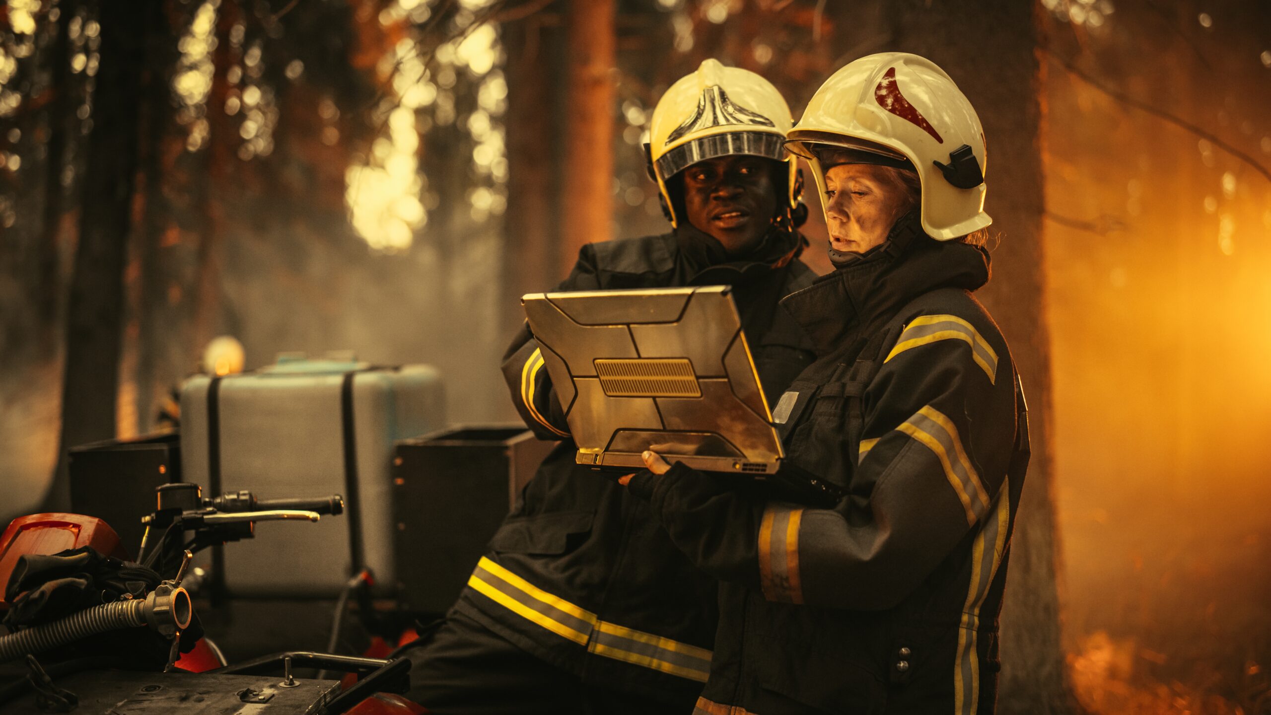 Portrait,Of,Female,And,Male,Professional,Firefighters,Standing,Next,To Portrait,Of,Female,And,Male,Professional,Firefighters,Standing,Next,To