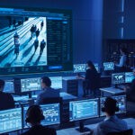Team of Professional Cyber Security Data Science Engineers Work on Surveillance Tracking Shot of People Walking on City Streets. Big Dark Control and Monitoring Room with Computer Displays.